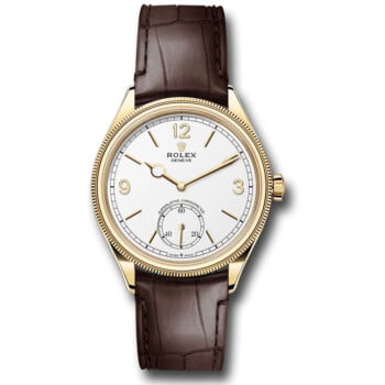 Rolex 1908 52508-0006 Fluted Bezel White Index Arabic Dial Brown Strap Yellow Gold Watch