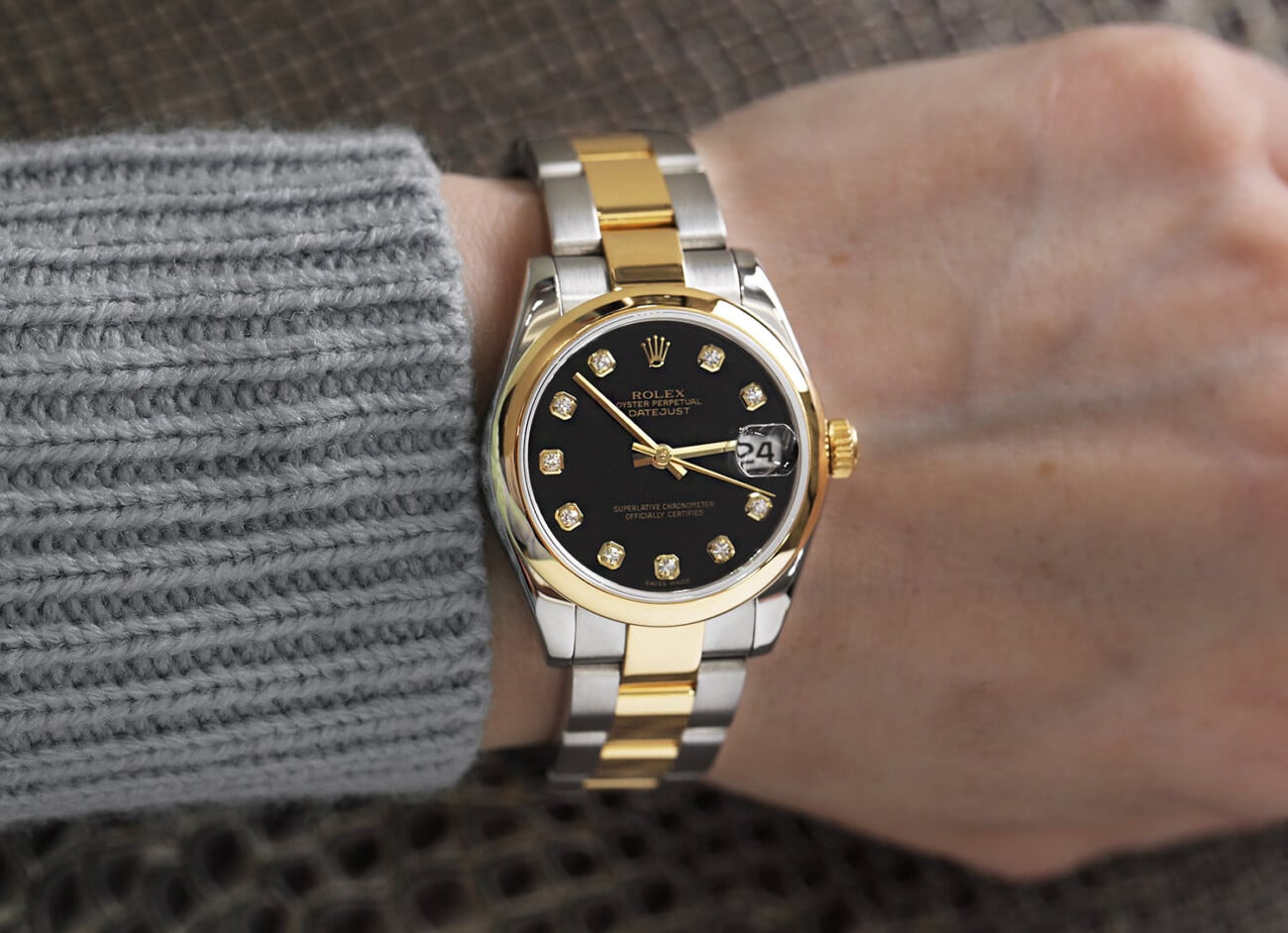 Rolex Datejust 31mm Steel & Yellow Gold Watch Black Diamond Dial Oyster Band 178243