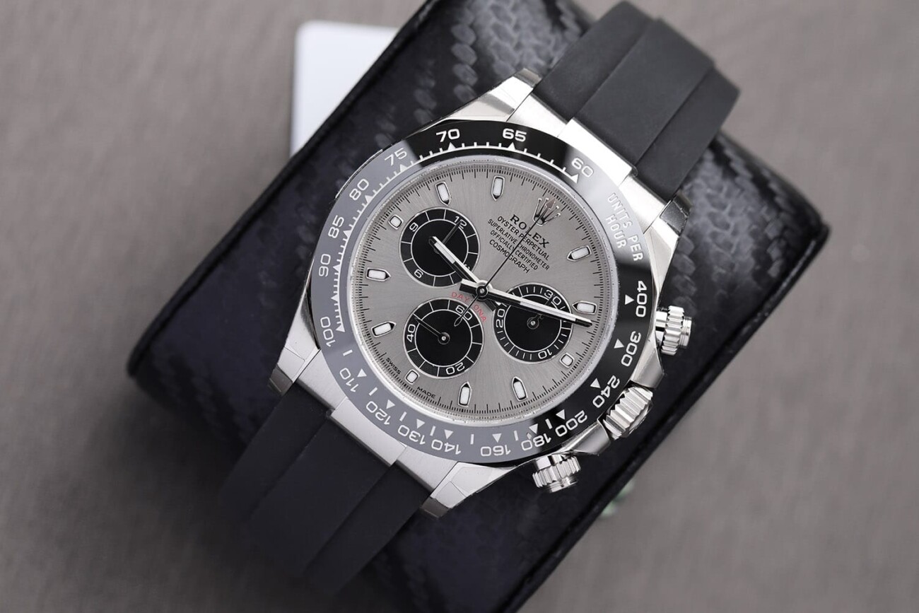 Rolex Cosmograph Daytona 116519LN White Gold With Black Oysterflex Watch Silver Black Subs Dial