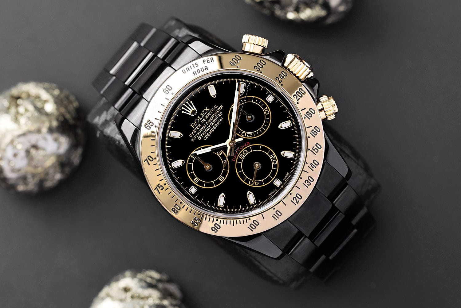 Rolex Cosmograph Daytona Black PVD/DLC Coated Watch with Yellow Gold Bezel 116523