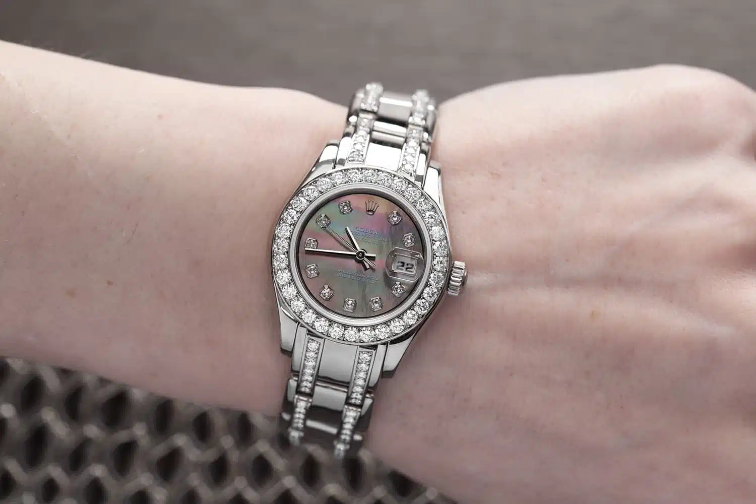 Rolex White Gold Lady-Datejust Pearlmaster 80299 29mm Black Mother of Pearl Dial, Diamond Bezel and Bracelet – image 6