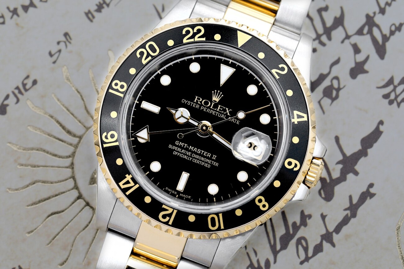 Rolex GMT-Master 16713 Stainless Steel and Yellow Gold Watch with Black Dial Complete