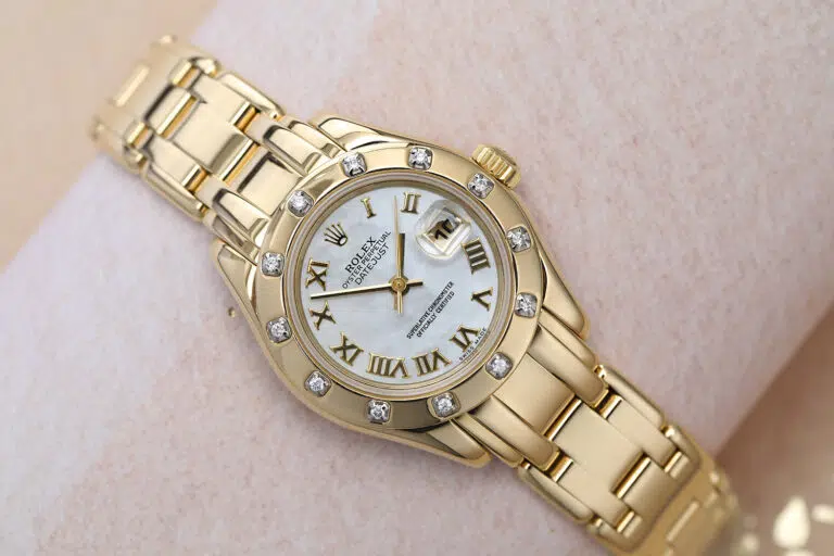 Rolex Pearlmaster 29mm 18k Yellow Gold Watch with White Mother Of Pearl dial 80318