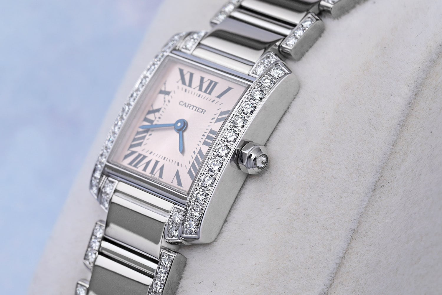 Cartier Tank Francaise Ladies 18k White Gold Watch with Factory Diamonds Pink Dial 2403