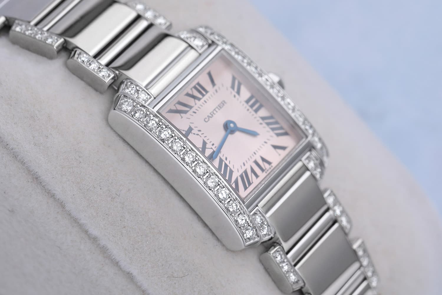 Cartier Tank Francaise Ladies 18k White Gold Watch with Factory Diamonds Pink Dial 2403