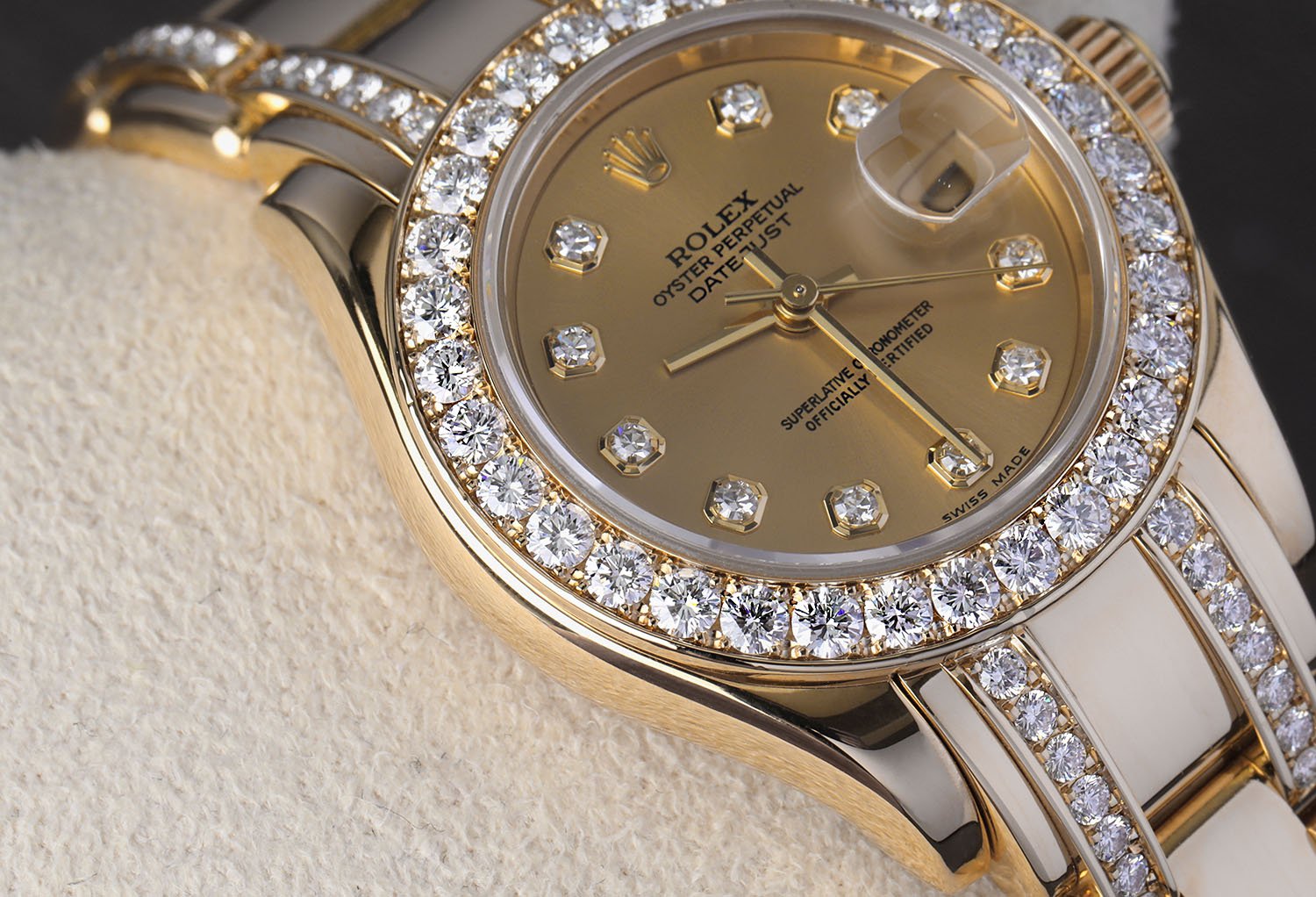 Rolex Lady-Datejust Pearlmaster 80298 Yellow Gold Diamond Watch with Champagne Diamond Dial