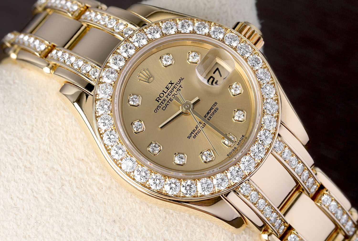 Rolex Lady-Datejust Pearlmaster 80298 Yellow Gold Diamond Watch with Champagne Diamond Dial