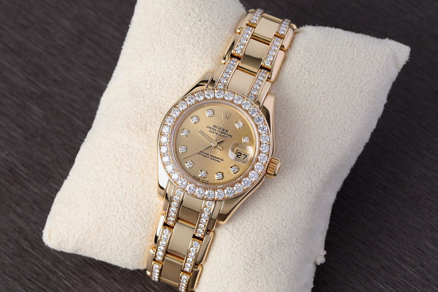 Rolex Lady-Datejust Pearlmaster 80298 Yellow Gold Diamond Watch with Champagne Diamond Dial