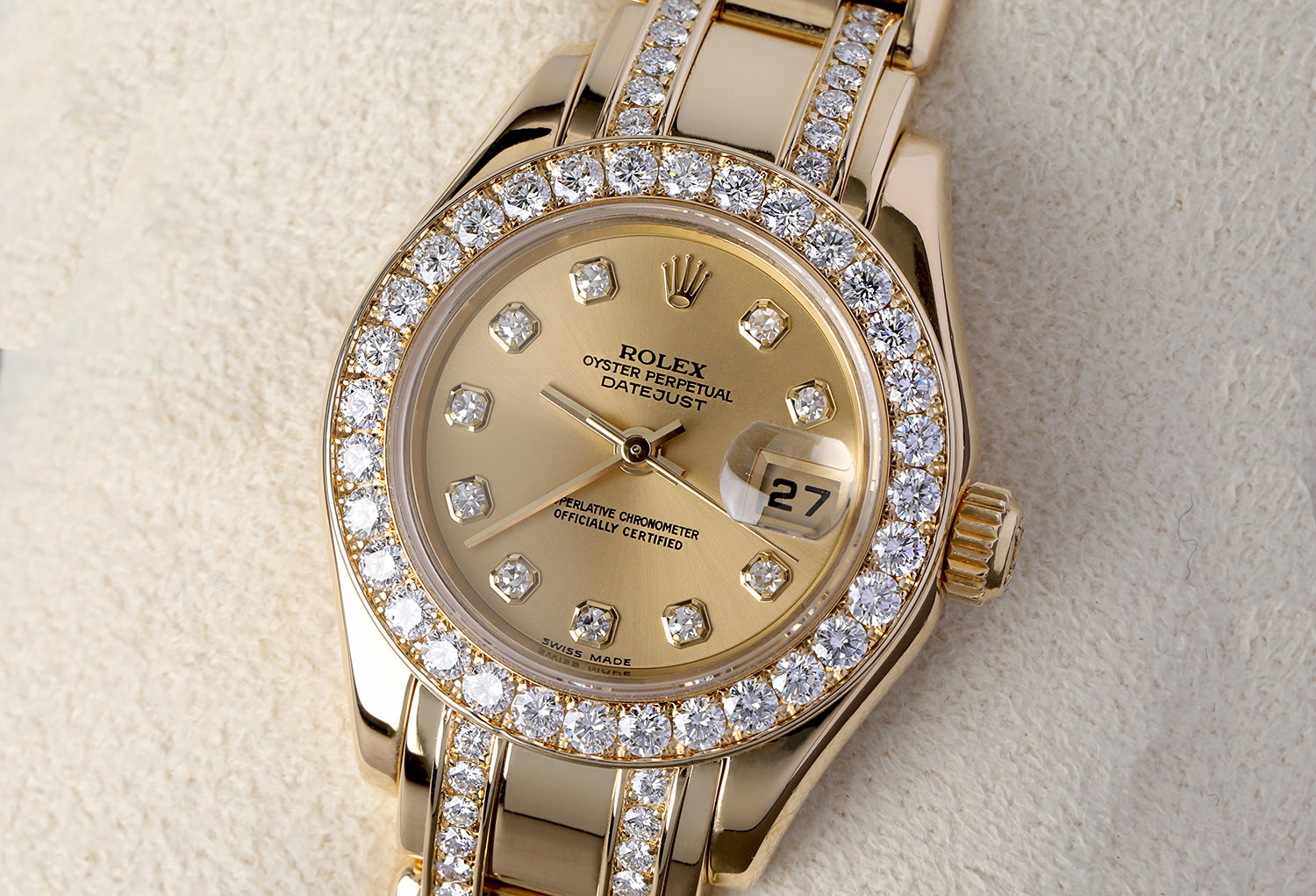 Rolex Lady-Datejust Pearlmaster 80298 Yellow Gold Diamond Watch with Champagne Diamond Dial