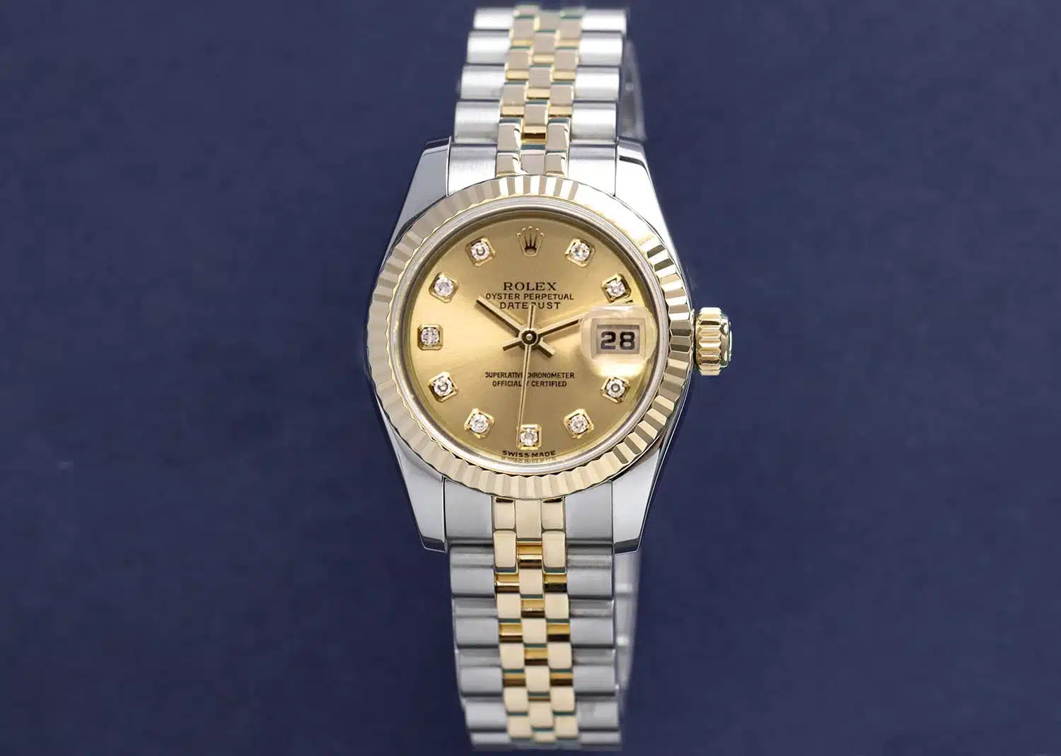 Rolex Lady-Datejust 179173 26mm Steel & Yellow Gold Watch Factory Champagne Diamond Dial Jubilee Band – image 4
