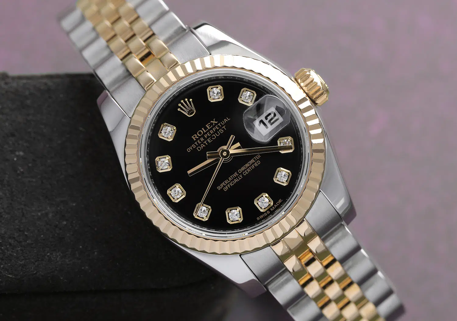 Rolex Lady-Datejust 179173 26mm Steel & Yellow Gold Watch Factory Black Diamond Dial Jubilee Band