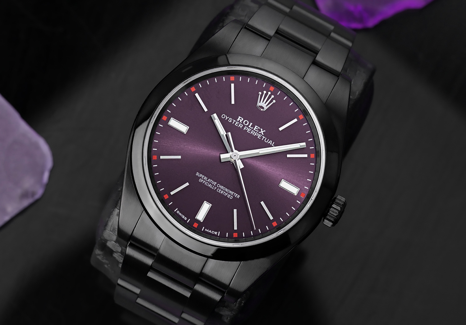 Rolex Oyster Perpetual Grape Dial Black PVD/DLC Coated Stainless Steel Watch 114300