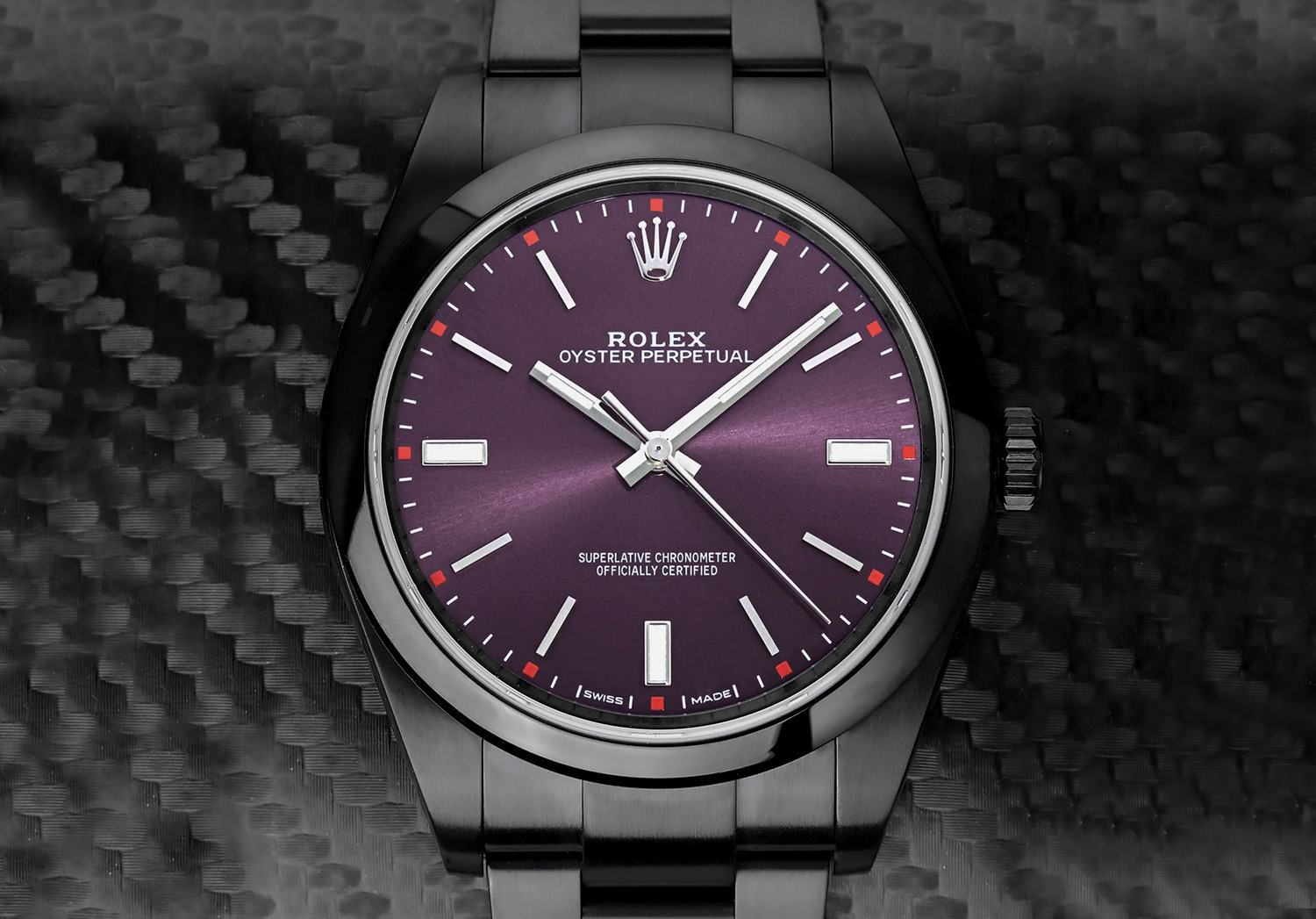 Rolex Oyster Perpetual Grape Dial Black PVD/DLC Coated Stainless Steel Watch 114300