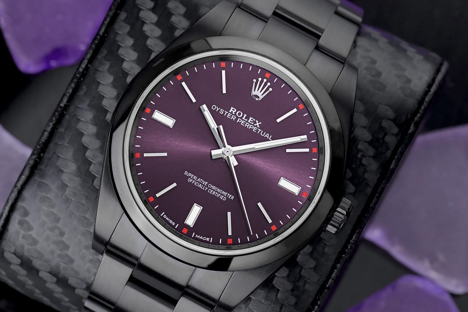 Rolex Oyster Perpetual Grape Dial Black PVD/DLC Coated Stainless Steel Watch 114300