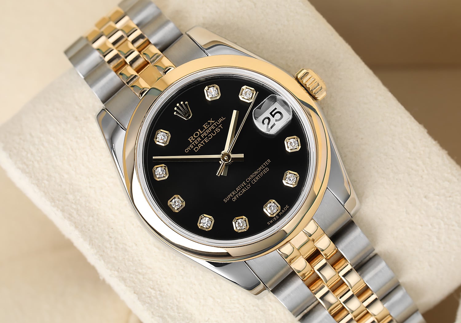 Rolex Datejust 31mm Steel & Yellow Gold Watch Black Diamond Dial Jubilee Band 178243