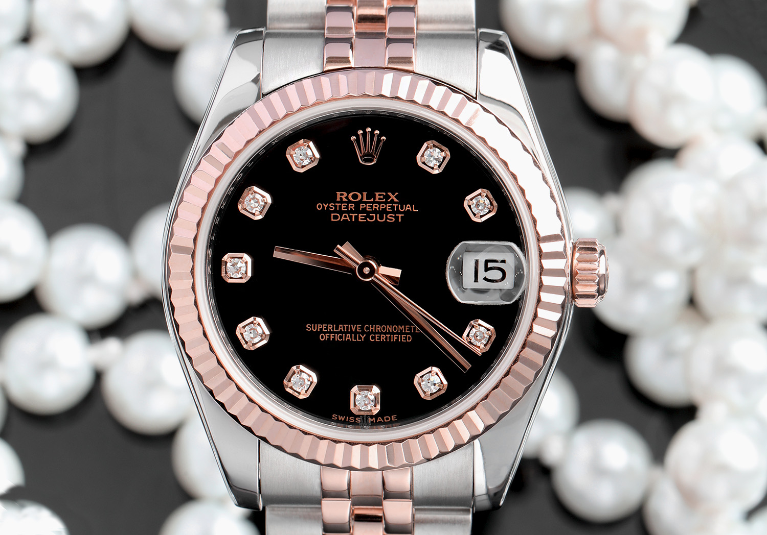 Rolex Datejust 31mm Stainless Steel & Rose Gold Watch Factory Black Diamond Dial 178271