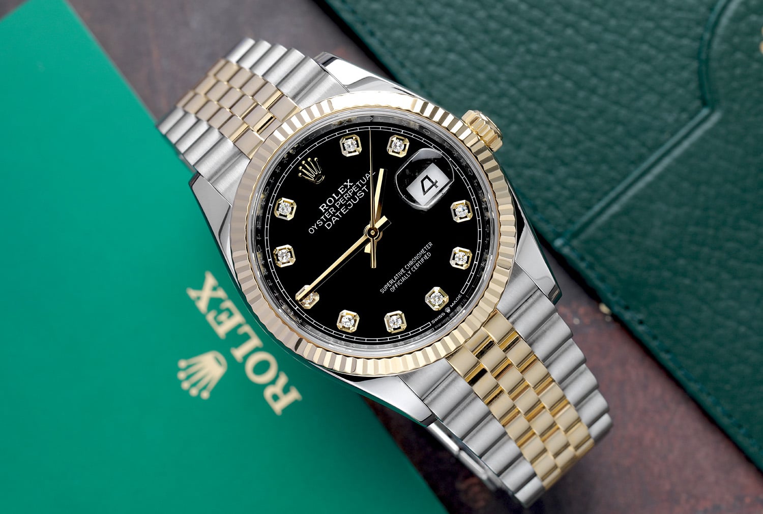 Rolex Datejust 36mm 126233 Stainless Steel & Yellow Gold Watch Jubilee Band Black Diamond Dial MINT