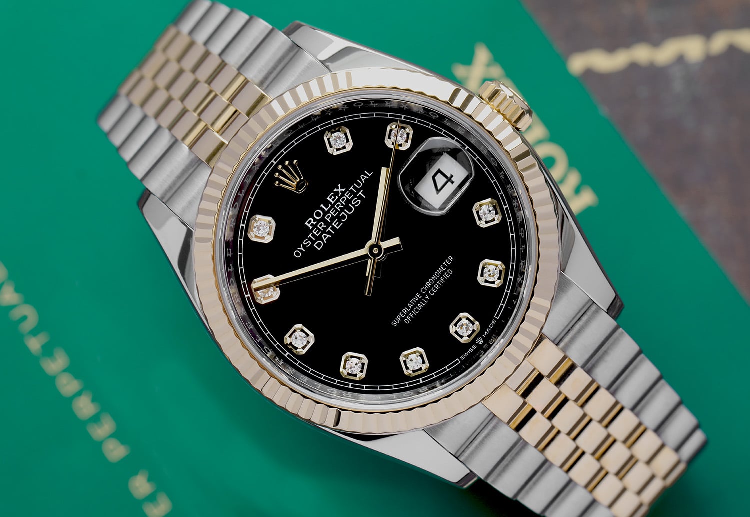 Rolex Datejust 36mm 126233 Stainless Steel & Yellow Gold Watch Jubilee Band Black Diamond Dial MINT