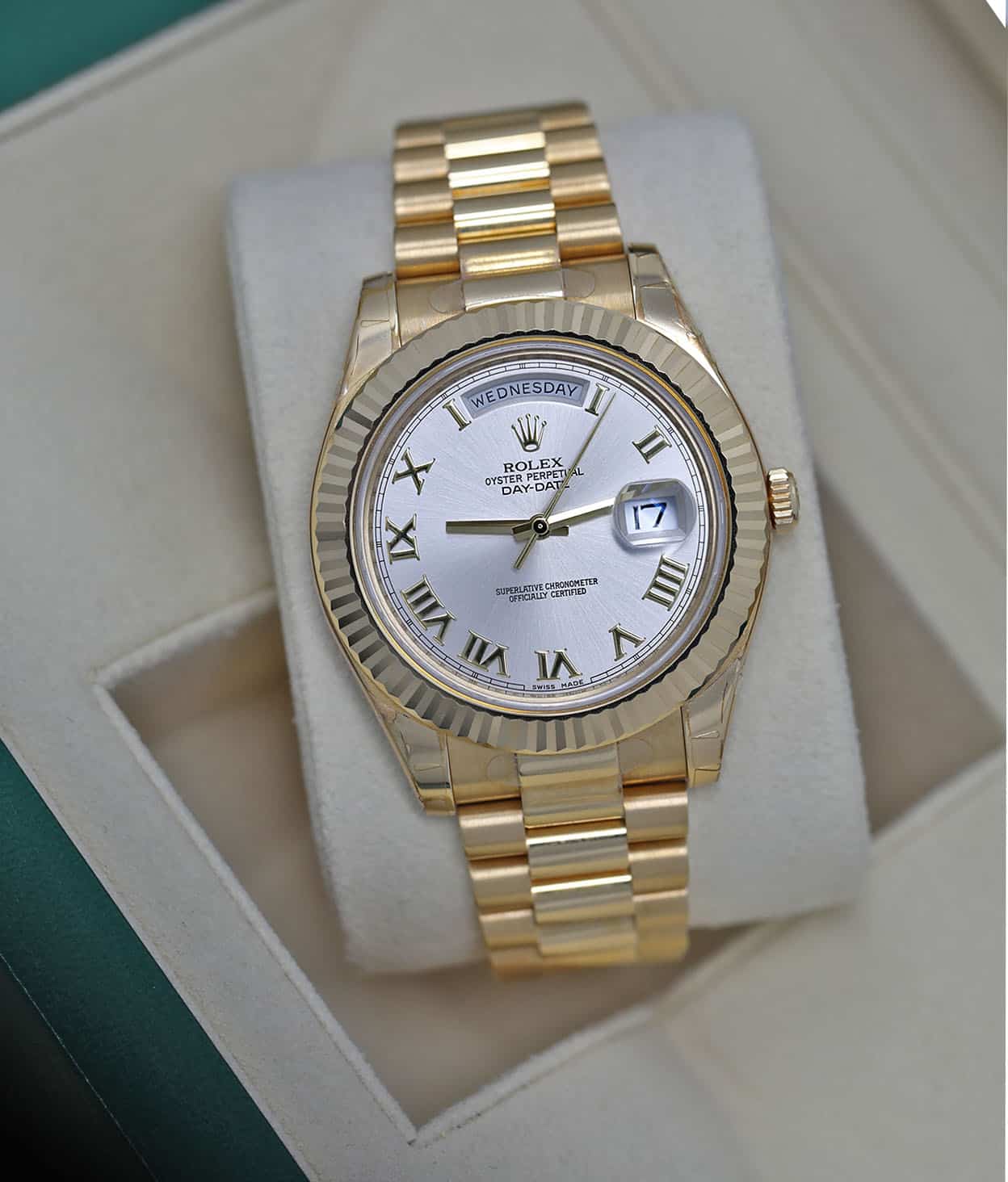 Rolex Day-Date II 218238 Yellow Gold Watch Silver Roman Dial Absolutely Never Worn/ Factory Stickers!