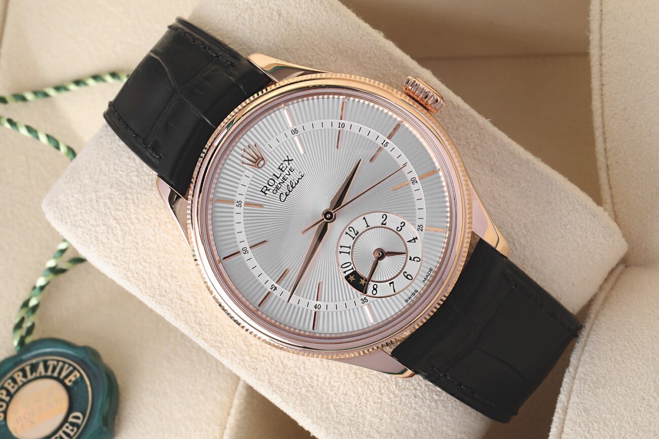 Rolex Cellini Dual Time 50525 Rose Gold Watch With Dark Brown Leather Band