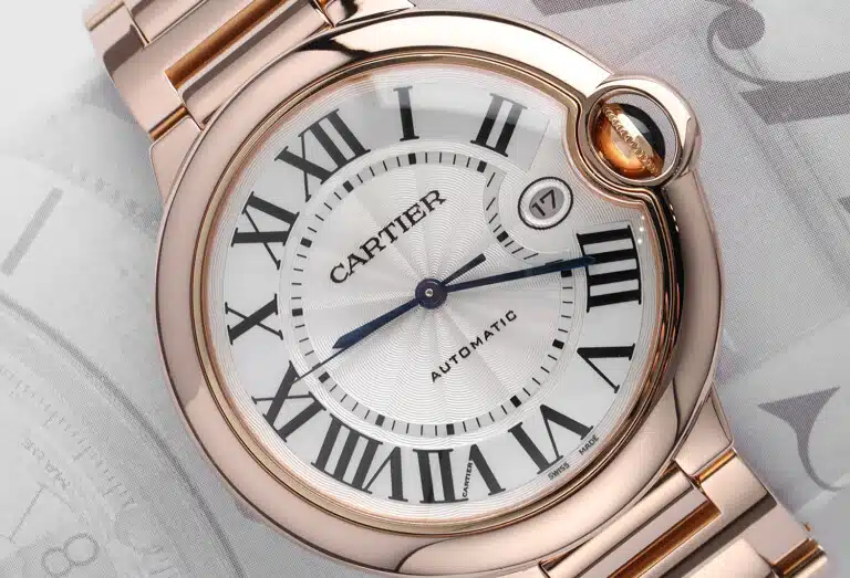 Cartier Ballon Bleu W69006Z2 rose gold watch, silver dial, angled view