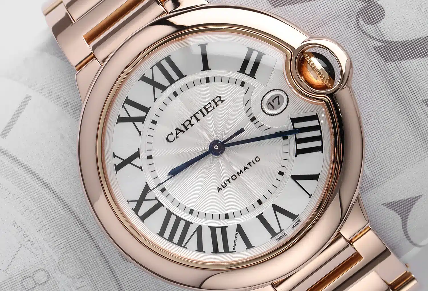 Cartier Ballon Bleu W69006Z2 rose gold watch, silver dial, angled view