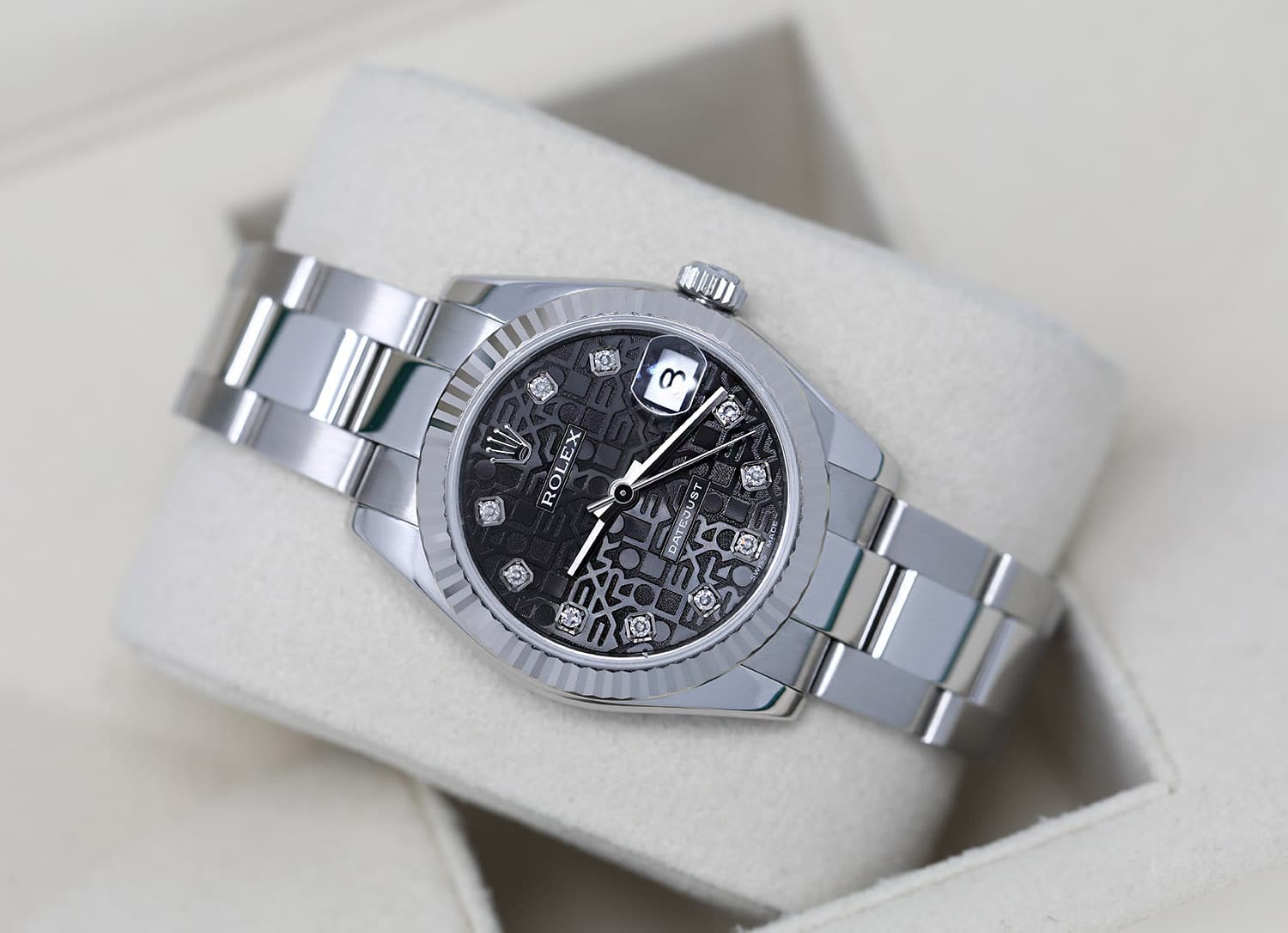 Rolex 31mm Lady-Datejust 178274 Black Rolex Logo Anniversary Diamond Dial Stainless Steel Watch