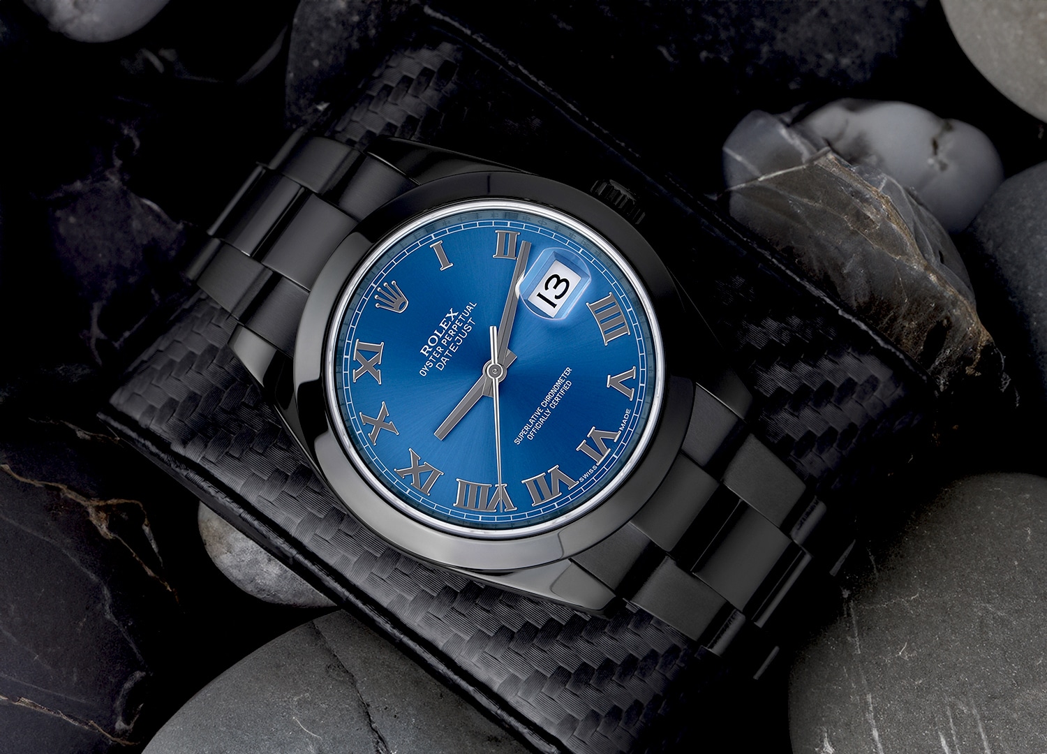 Rolex 41mm Datejust Black PVD/DLC Watch Oyster Band Blue Dial