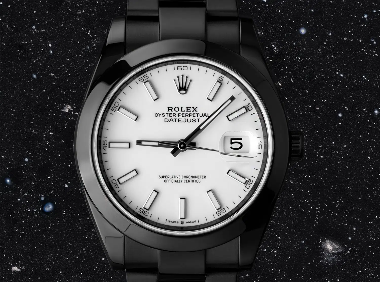 Rolex Datejust 41 126300 black PVD/DLC watch, white dial, detail