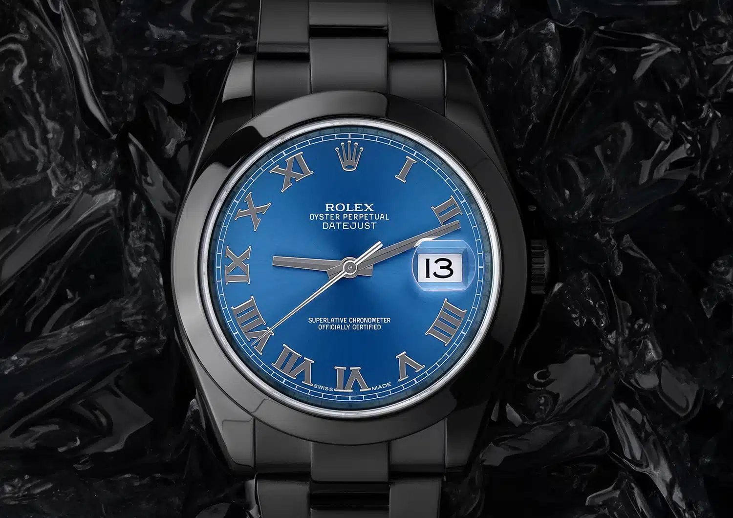 Rolex Datejust 41 126300 black PVD/DLC watch, blue dial, detail