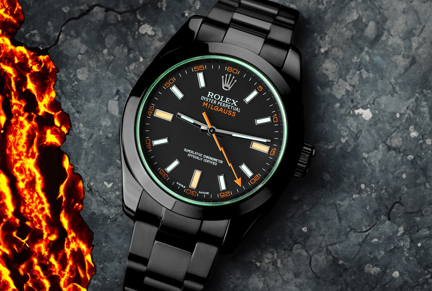 Rolex Milgauss Green Crystal Black Dial Black PVD/DLC Stainless Steel Watch 116400GV
