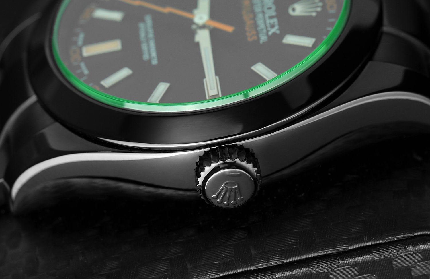 Rolex Milgauss Green Crystal Black Dial Black PVD/DLC Stainless Steel Watch 116400GV