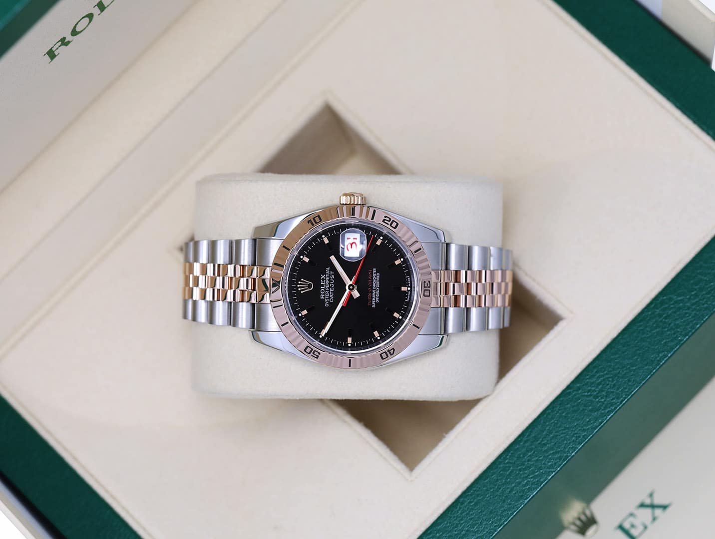 Rolex Datejust Turn-O-Graph 116261 Two Tone Stainless Steen and Rose Gold Watch Black Dial 36mm