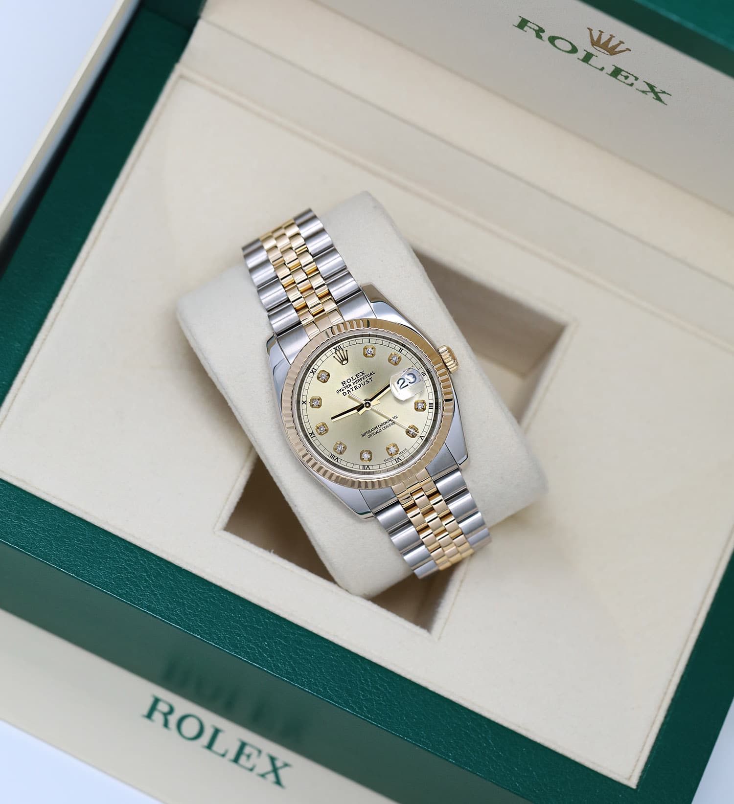 Rolex Datejust 36mm 116233 Two Tone Watch Champagne Diamond Dial Jubilee Band Hidden Clasp