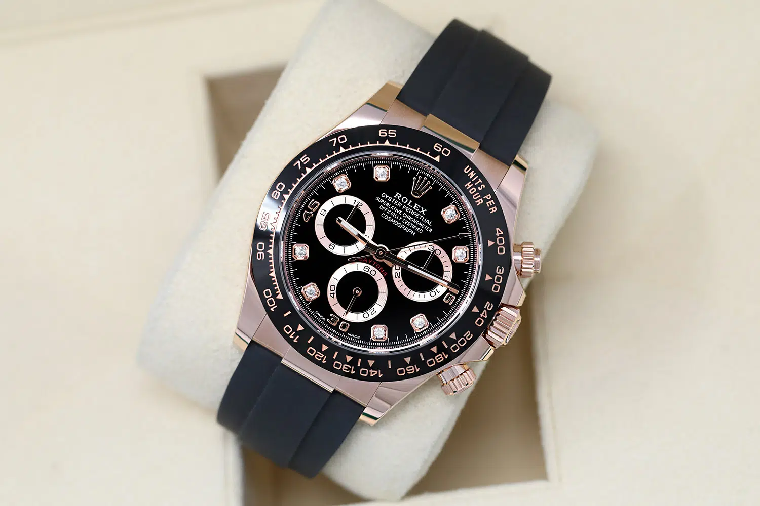 Rolex Daytona Oysterflex 116515LN Rose Gold Watch with Black Diamond Dial and Black Rubber Band