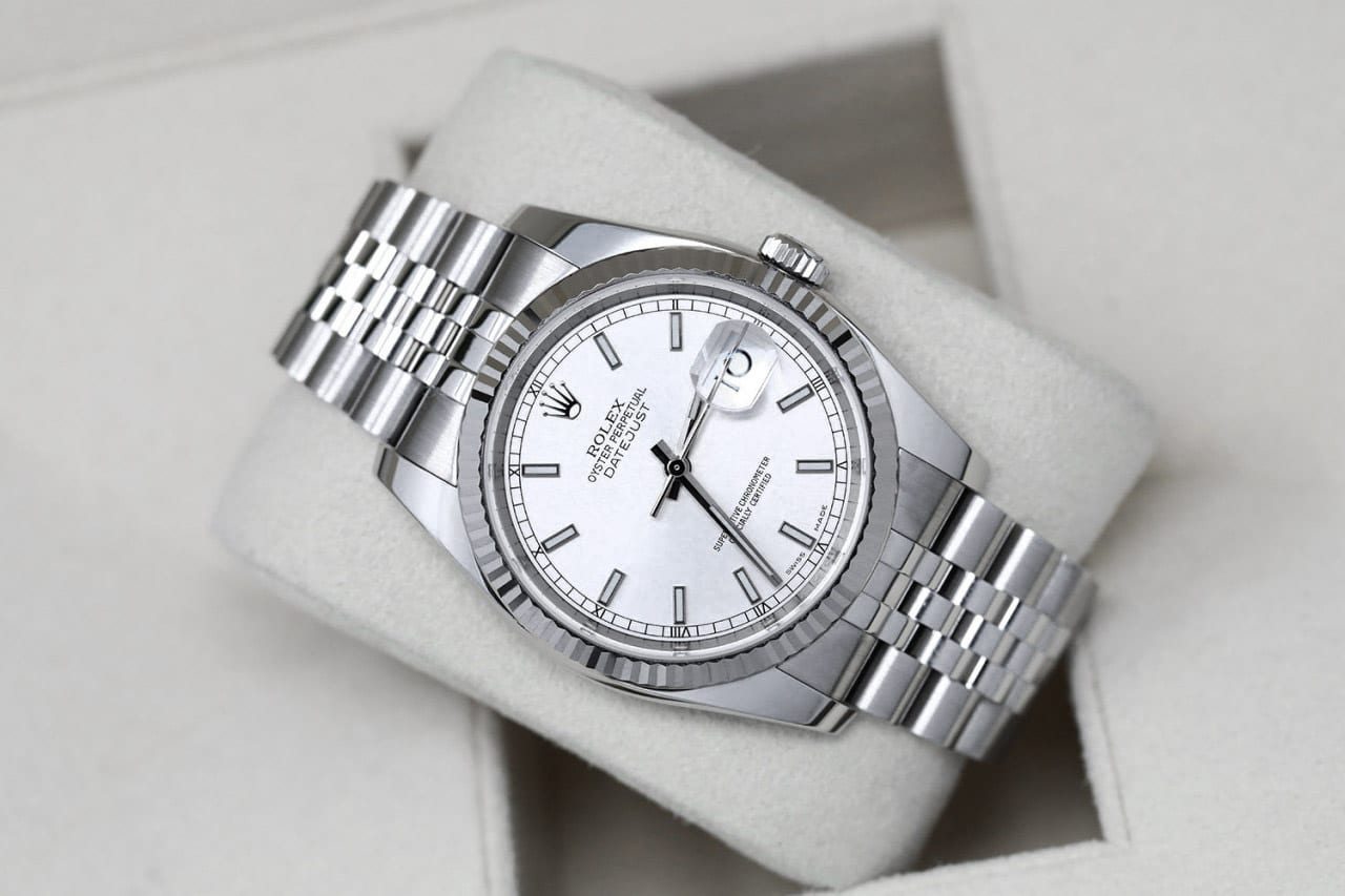 Rolex Datejust 36mm Steel & White Gold Watch White Index Dial Jubilee New Style Bracelet 116234