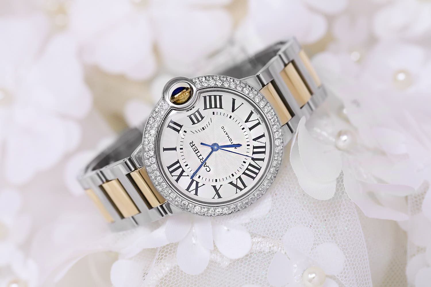 Cartier Ballon Bleu 36mm Steel 18K Yellow Gold Silver Dial Two Tone Unisex Watch Custom Diamond Bezel W6920047