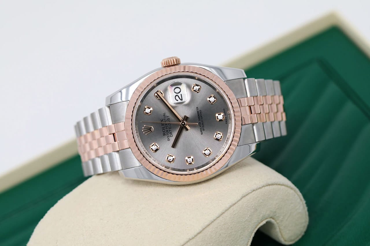 Rolex Datejust 116231-0100 Steel and Rose Gold 36mm Watch Factory Grey Diamond Dial Jubilee Band