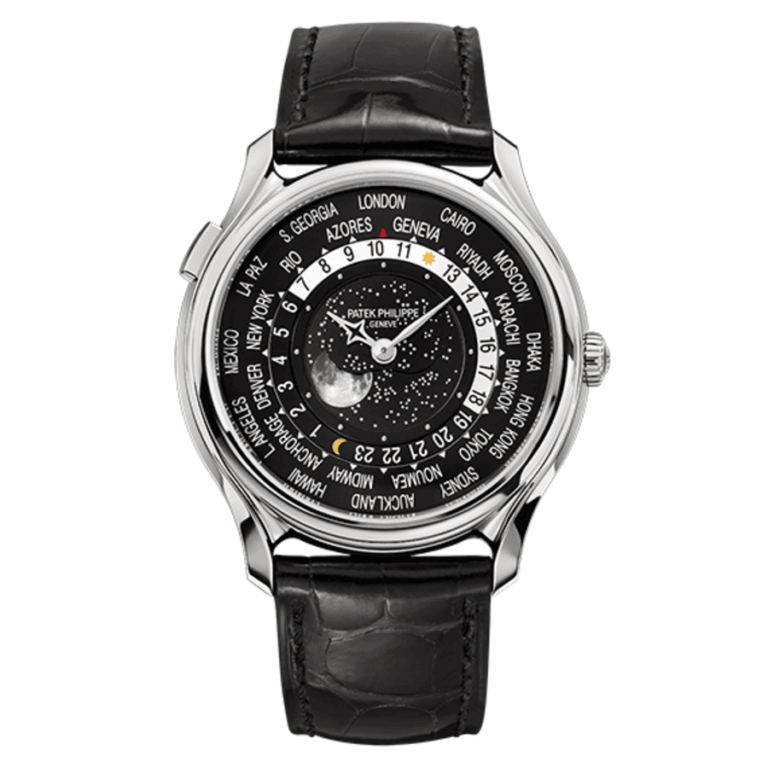 Patek Philippe World Time 5575G-001 white gold watch, black leather strap