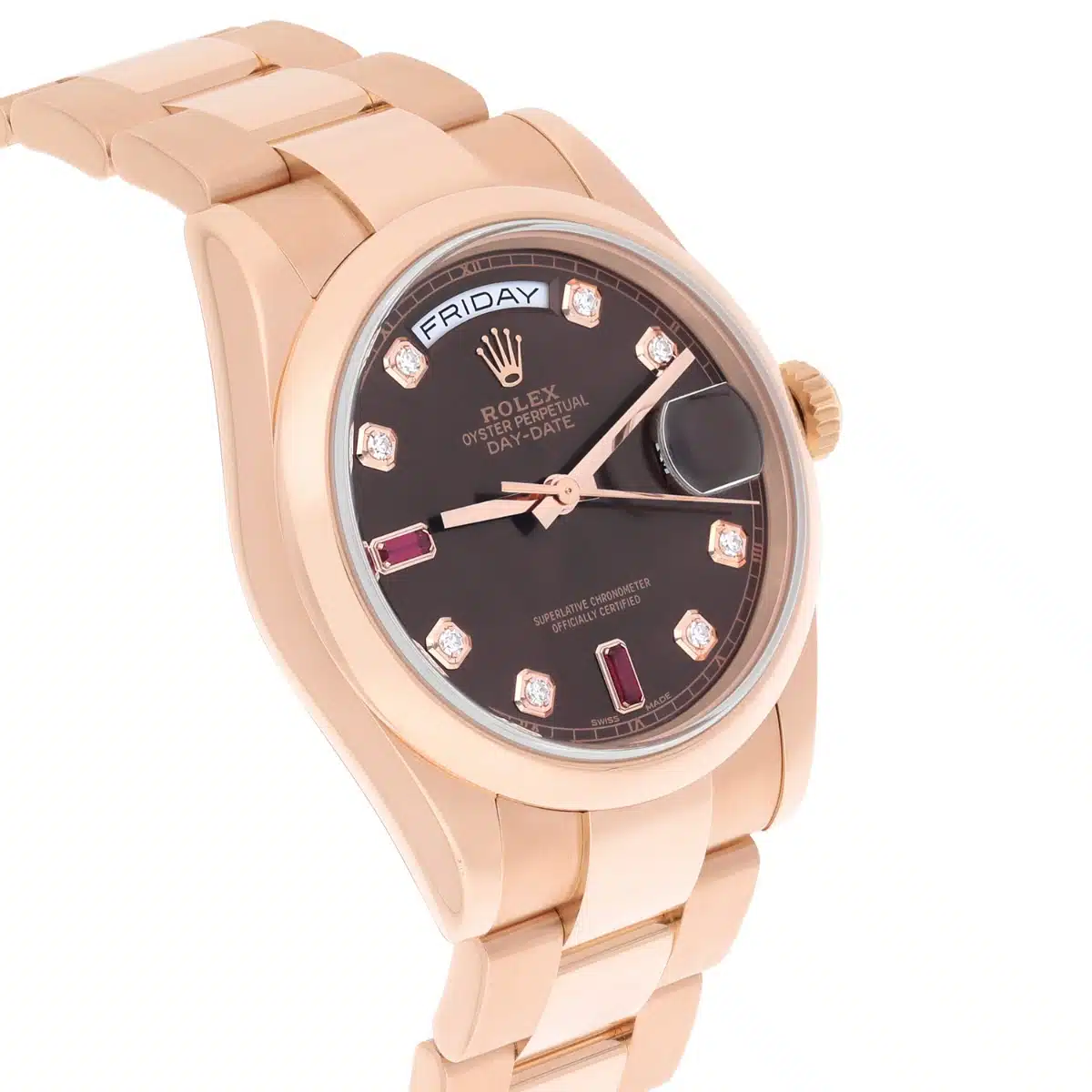 Rolex Day-Date 36 Ruby Baguette Diamond Dial 18k Rose Gold Watch 118205 – image 5