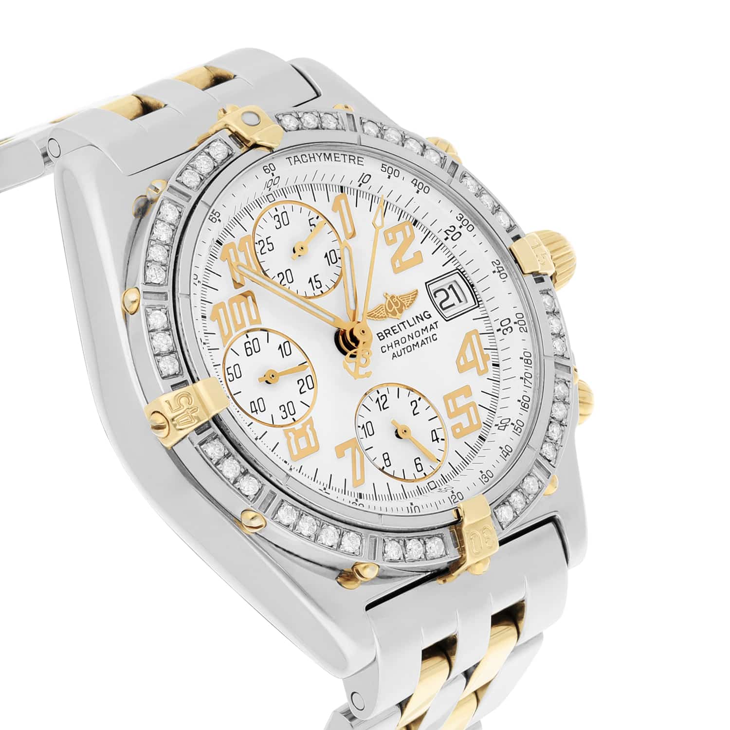 Breitling Blackbird Chronomat White Dial 39MM Steel & 18K Yellow Gold B13350 Diamond Bezel