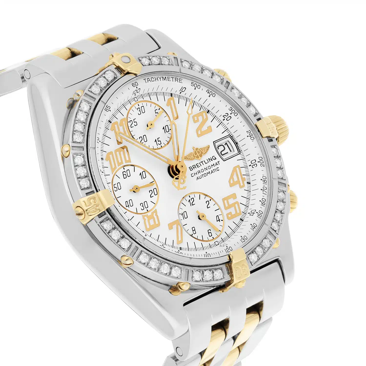 Breitling Blackbird Chronomat White Dial 39MM Steel & 18K Yellow Gold B13350 Diamond Bezel – image 5