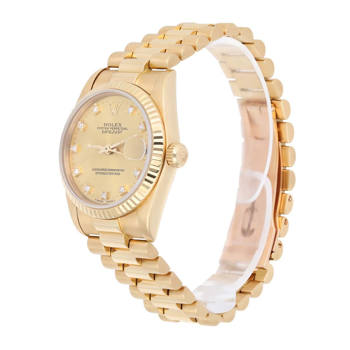 Rolex 31mm 18kt Gold Datejust Presidential Champagne Diamond Dial Midsize 68278