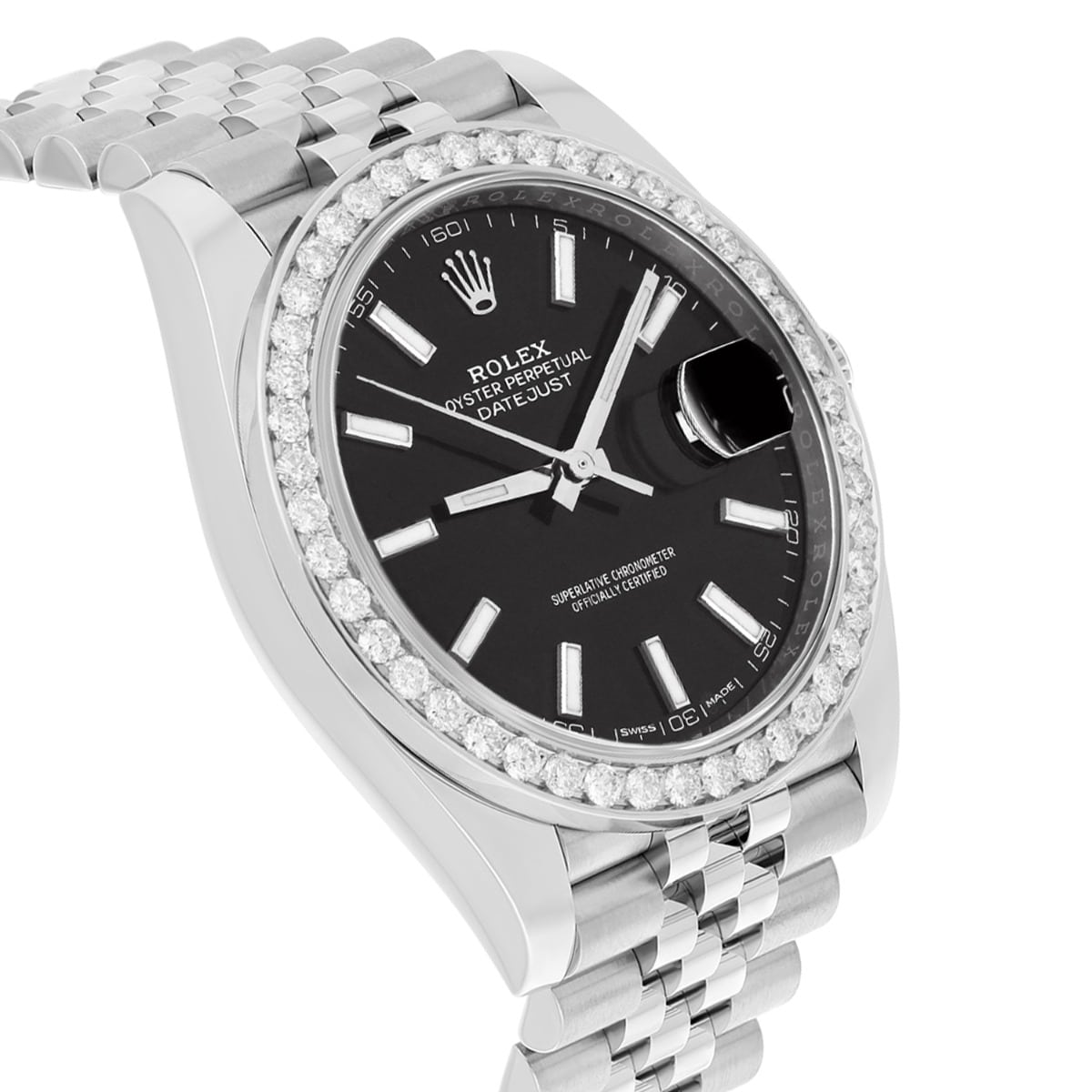Rolex Datejust 41 Steel Watch Black Index Dial Diamonds Mens Jubilee Band 126300