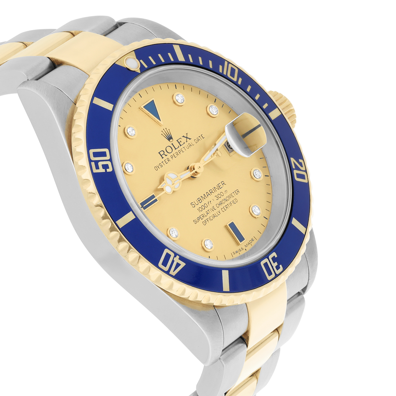 Rolex Submariner Date 18k Yellow Gold/Steel Serti Gold Diamond Dial Mens Watch 16613