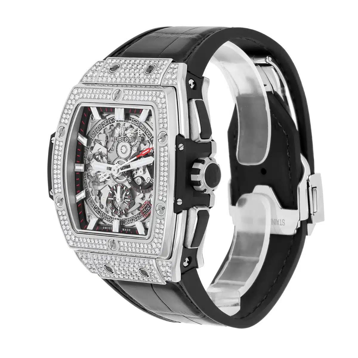 Hublot Spirit of Big Bang Titanium Pave 42mm Watch 641.NX.0173.LR.1704 Skeleton Dial, Black Leather Strap – image 4