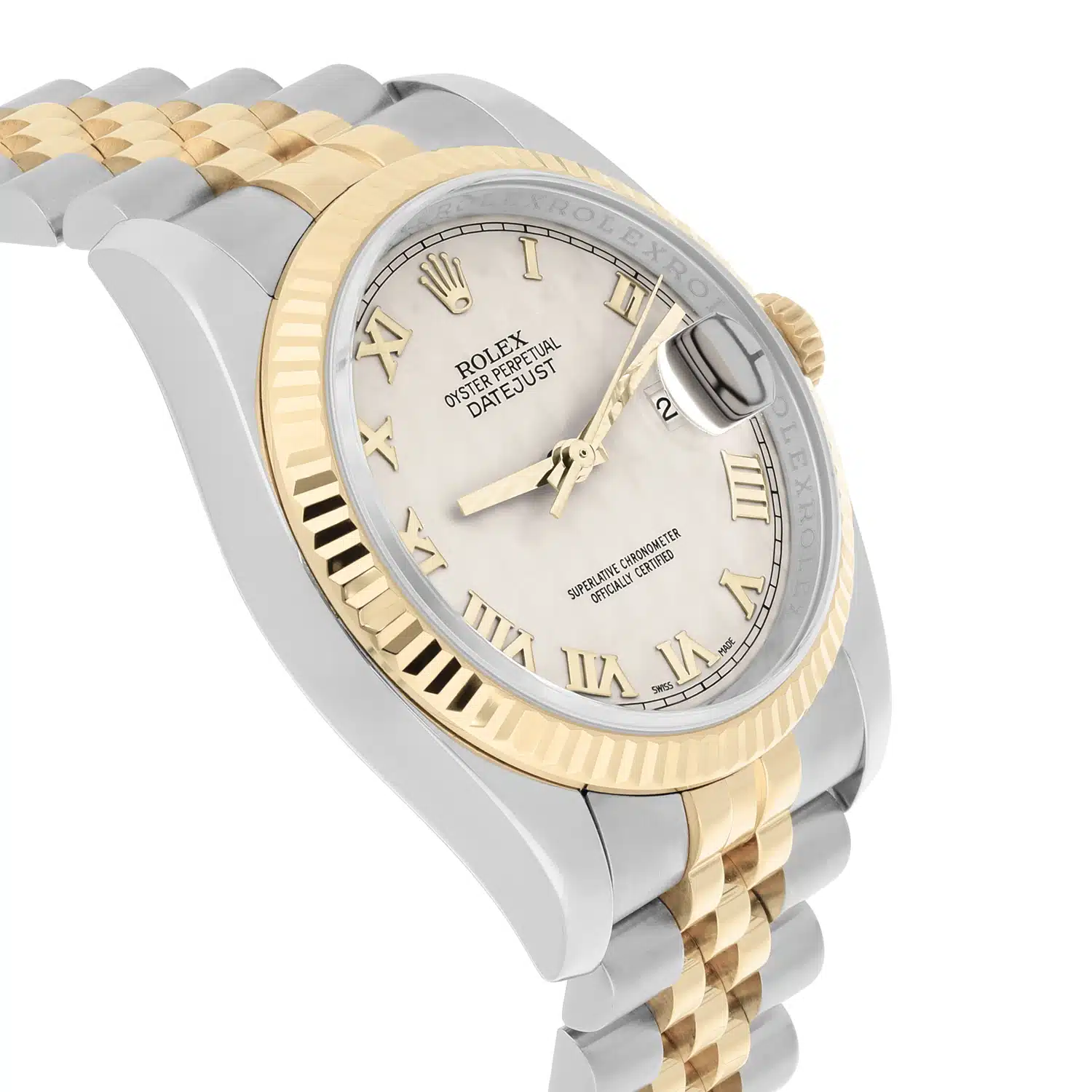 Rolex Datejust 36 Gold and Steel 116233 Ivory Pyramid Roman Dial Jubilee Watch – image 4