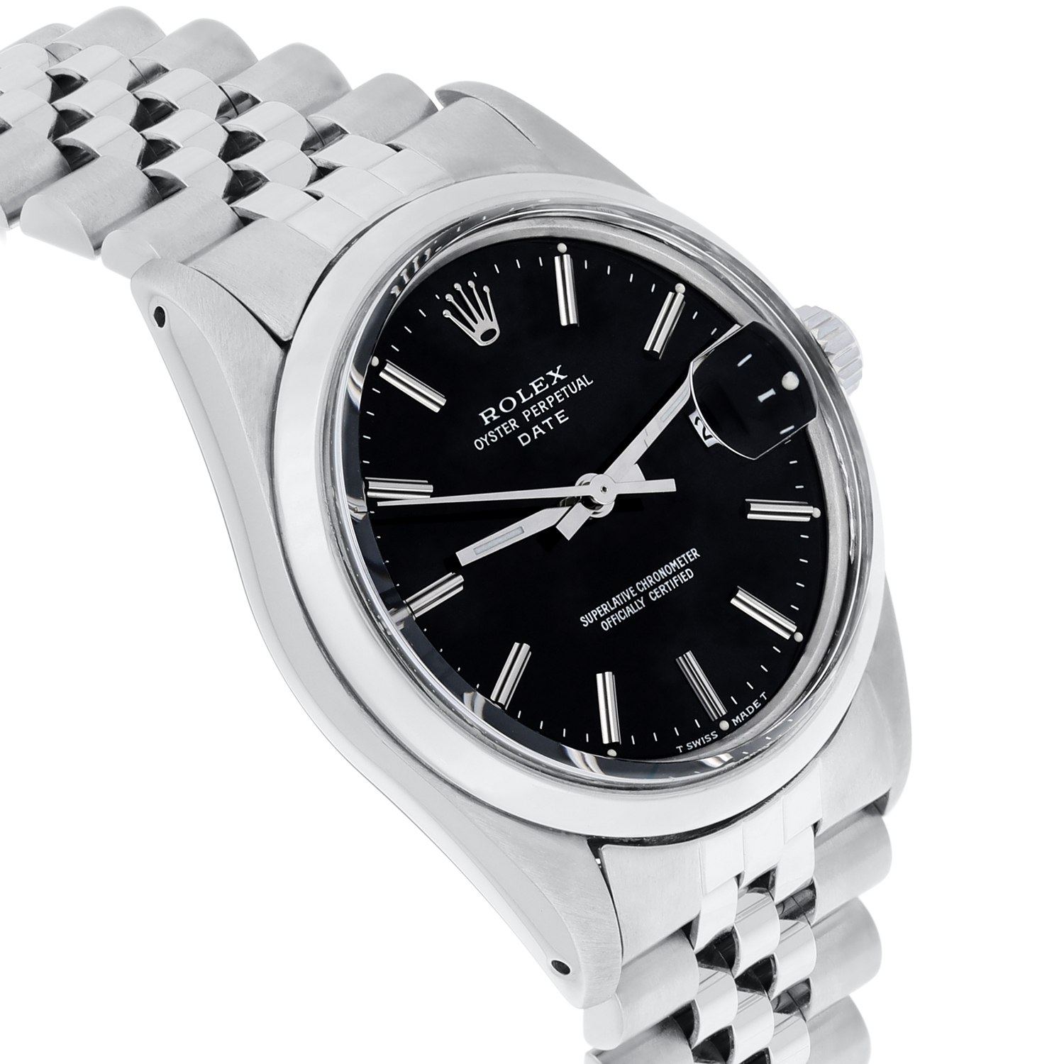 Rolex Oyster Perpetual Date Stainless Steel Watch Jubilee Band Black Index Dial 15000