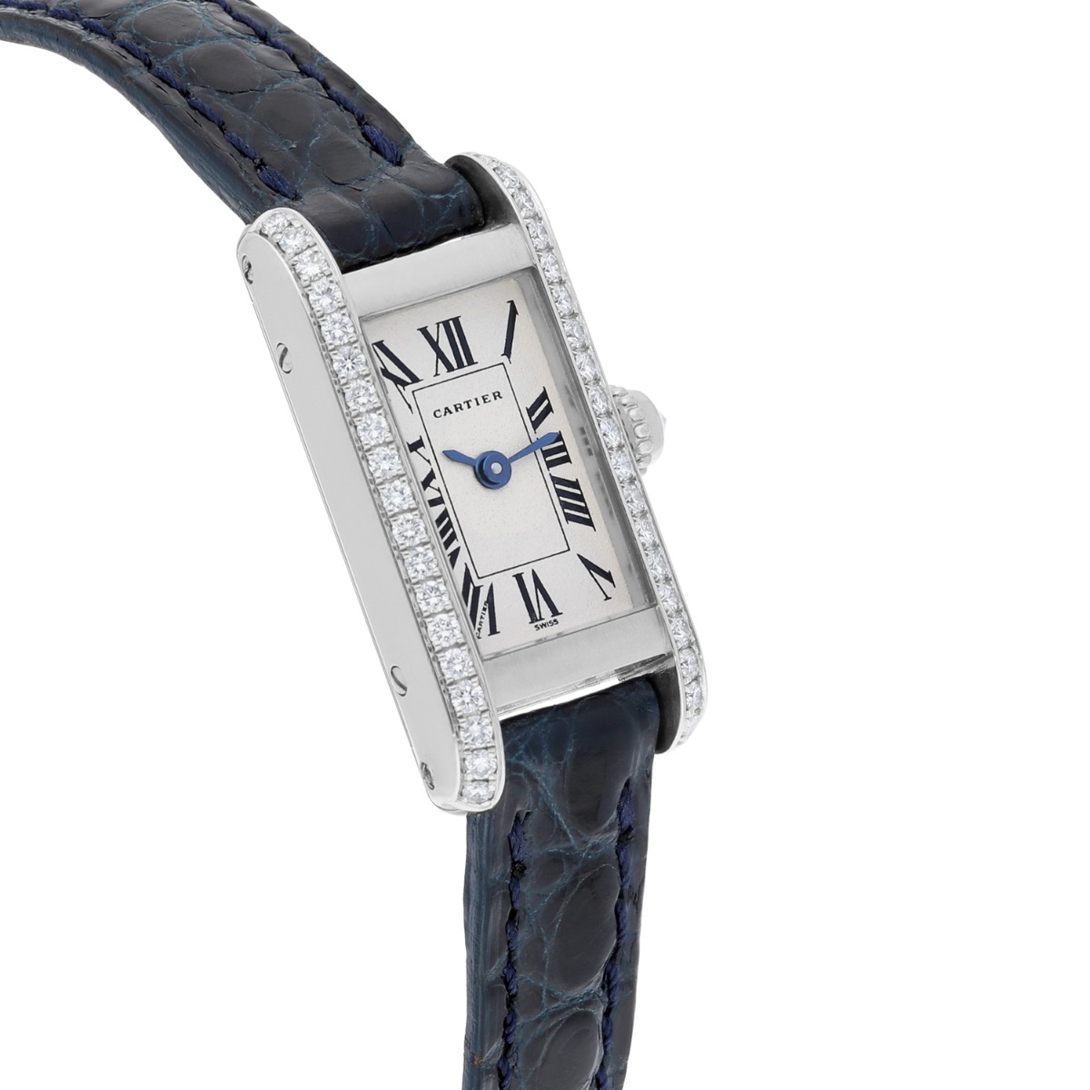 Cartier Tank Louis Cartier Mini White Gold Diamond Ladies Watch on Leather Strap 1381