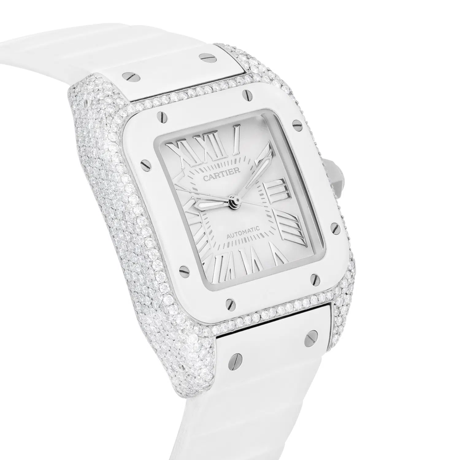 Cartier Santos 100 Staniless Steel 33mm Diamond Watch White Rubber Strap #2878 – image 5